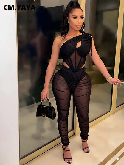 CM.YAYA Mesh See Though Women's Set One Shoulder Sleeveless Crop Top and Stacked Pants Suit 2023 Two 2Piece Set Outfit Tracksuit