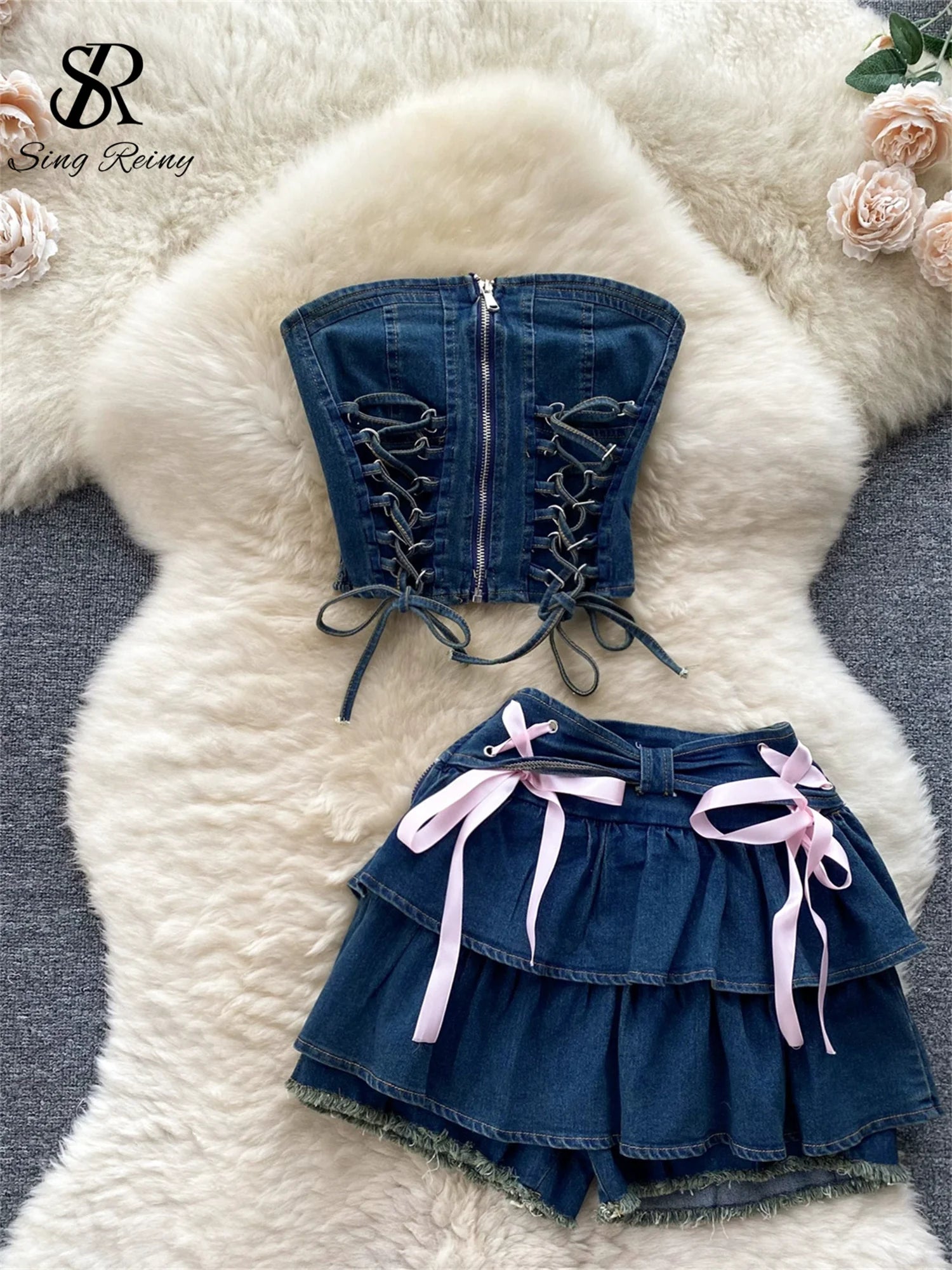 SINGREINY Hotsweet Denim Two Pieces Sets Zipper Strapless Y2K Top+Elastic Mini Culottes Lace Up Cross Bandage Streetwear Suits