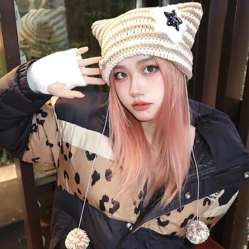 Gorros con orejas de gato japoneses Y2k hechos a mano, gorro de punto con pompón de pelo de estrella a rayas para chica, gorros cálidos para otoño e invierno