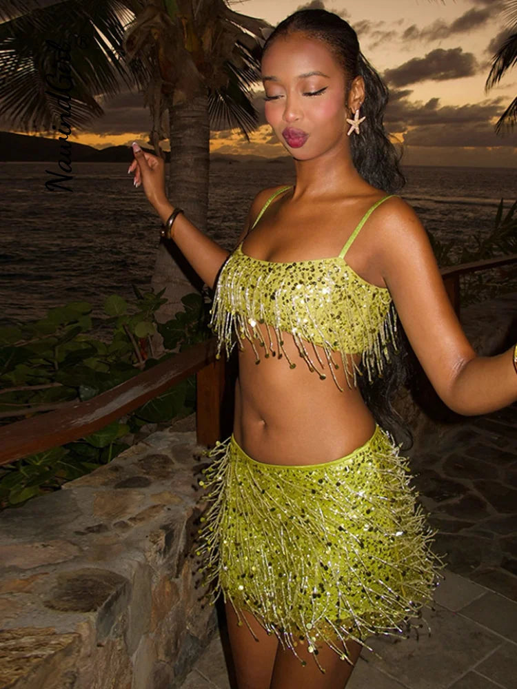 Sexy Sequins Tassel Skirt Sets Women Sling Crop Tops Hip Package A-line Short Skirts 2025 Summer Chic Beach Party Outfits Lady