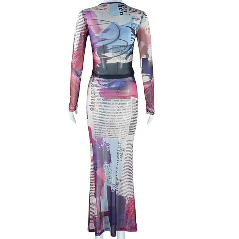 Echoine Print Sheer Mesh See Through Sexy Long Sleeve Crop Top and Skirt Two Piece Set Evening Party Outfits 2024