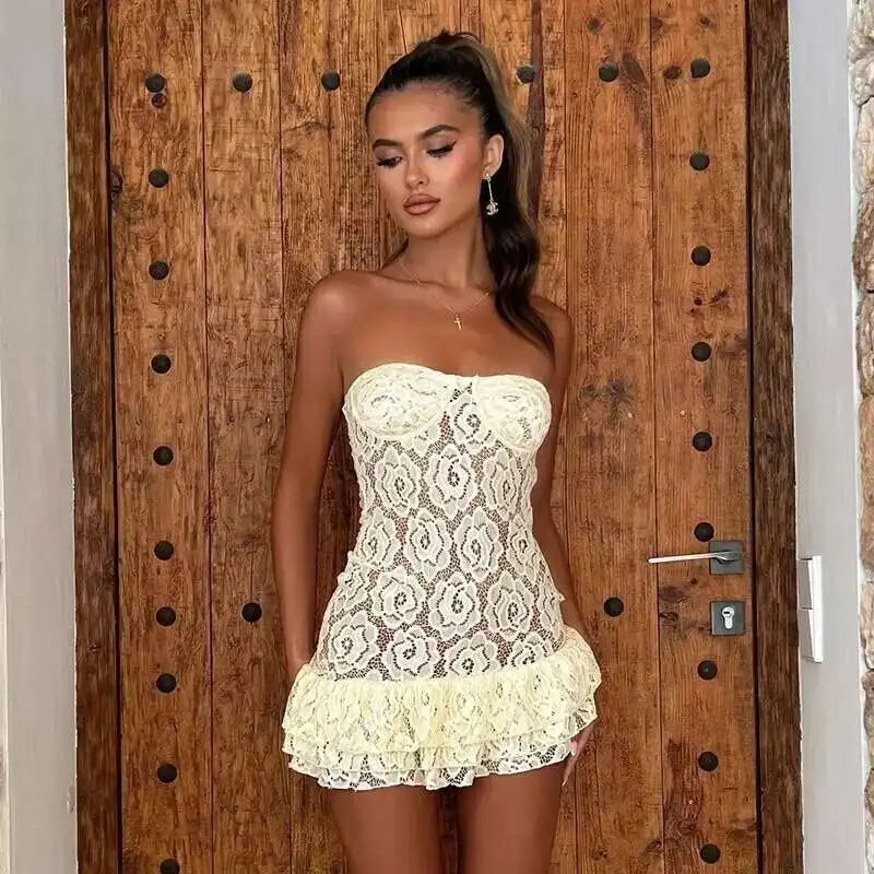 Avrilyaan Lace Perspective Strapless Short Sexy Dress Women 2024 Elegant Party Dress Backless Bodycon Mini Summer Dress Vestidos