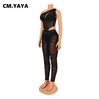 CM.YAYA Mesh See Though Women's Set One Shoulder Sleeveless Crop Top and Stacked Pants Suit 2023 Two 2Piece Set Outfit Tracksuit