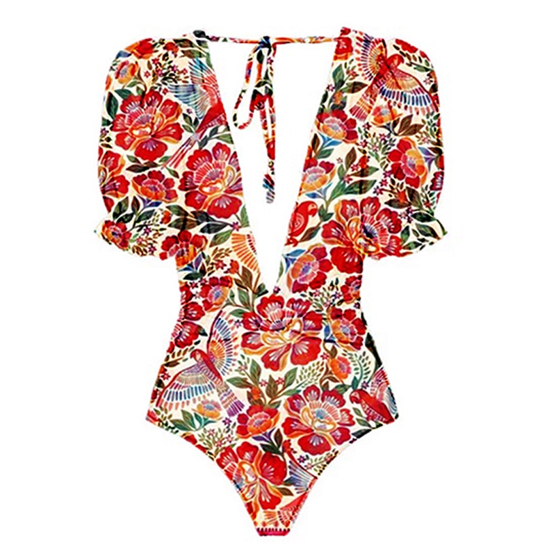 Lanswe2023, nueva moda, traje de baño con cubierta para mujer, estampado Retro, escote en V profundo, precioso traje rojo y de una pieza con traje de baño, ropa de playa de verano