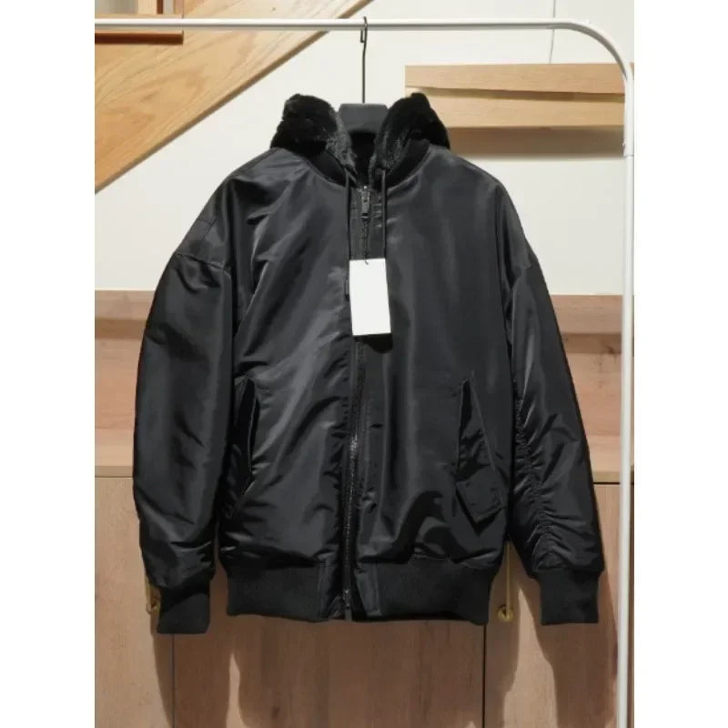 Winter men's reversible multi-pocket bomber jacket High quality solid color faux fur hooded jacket size 2XL
