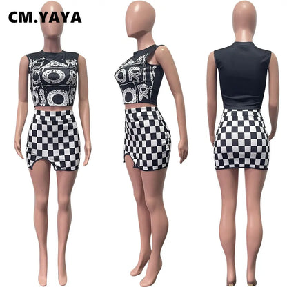 CM.YAYA Fashion Street Women Pleated Midi Mini Skirt Suit + Letter Printed Tank Top Dress Set 2023 INS Outfit Two 2 Piece Set