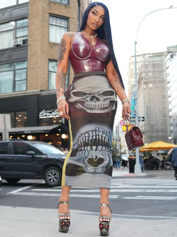 Weird Puss Skulls Print Skirts Women Sexy See Through Skinny 2025 Summer Trend Stretch Wild Basic Clubwear Midnight Long Skirts