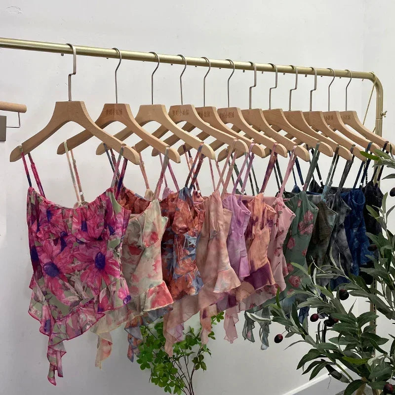 2024 New Girls Sweet Ruffles Mesh Camisole Top Lady Camis Sleeveless Printed Floral T shirts Stretch Slim Tanks For Slim Women