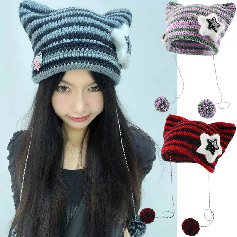 Gorros con orejas de gato japoneses Y2k hechos a mano, gorro de punto con pompón de pelo de estrella a rayas para chica, gorros cálidos para otoño e invierno