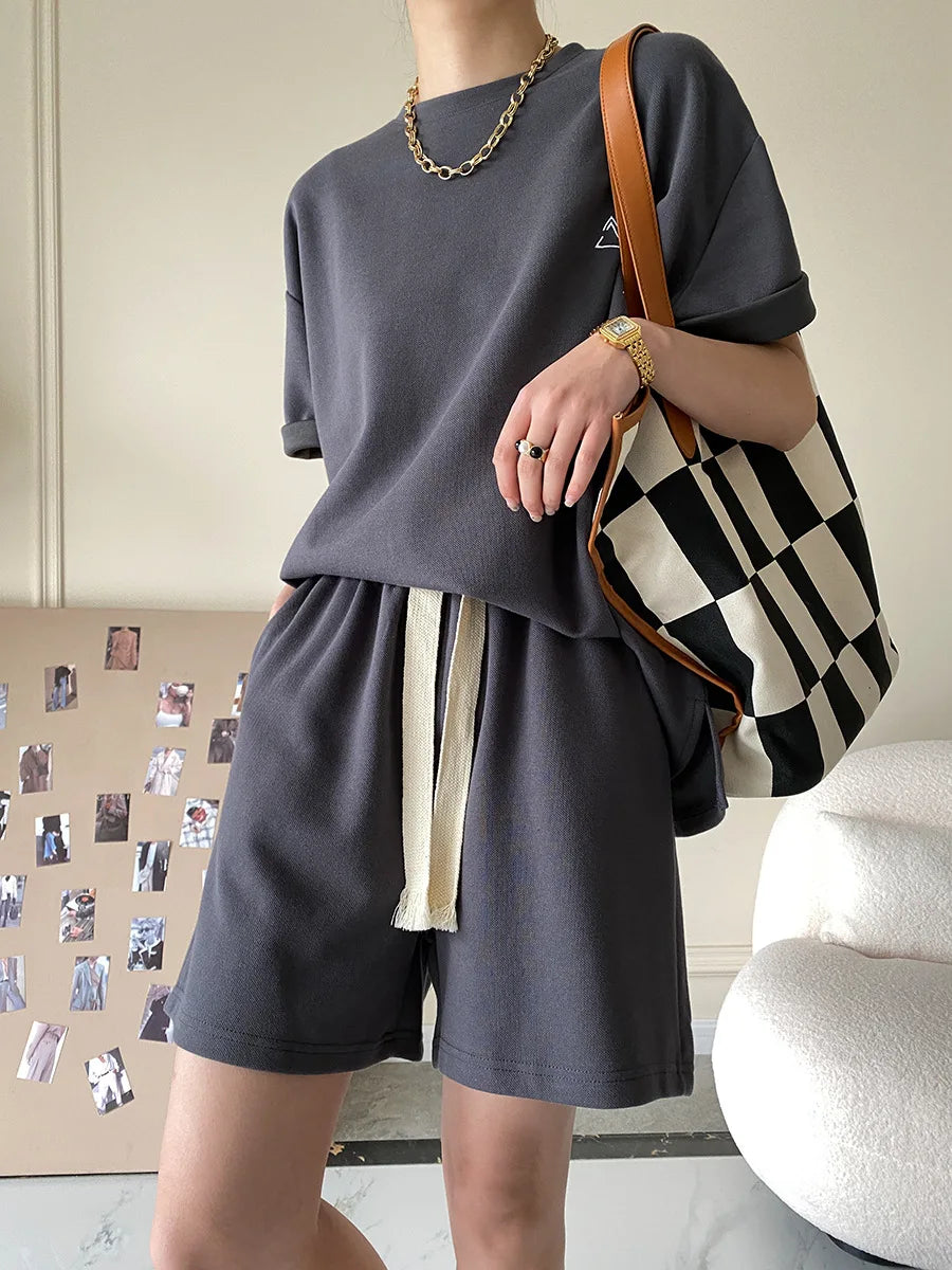 Suit Shorts With Ladies T-Shirt And Top Loose Oversized Cotton Summer Two Piece Ladies Classic Activewear Casual