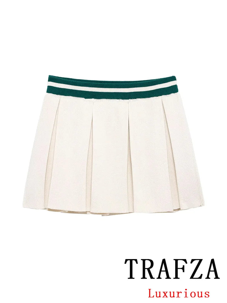 TRAFZA Casual Chic Striped Women Suit Polo-Neck Button Straight Sweater Mini Slim Skirt Fashion 2025 Spring Summer Knitted Suit