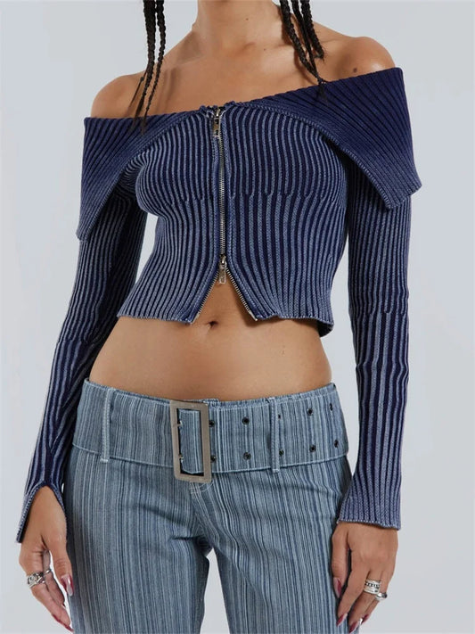 CHRONSTYLE Lapel Gradient Print Long Sleeve Cardigan Crop Top for Women Off Shoulder Knitted Ribbed Zip Up Sweaters Jumpers 2023