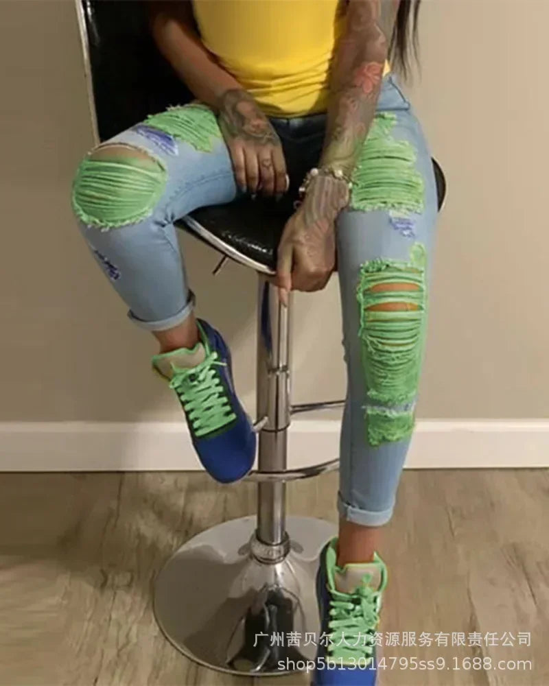 Women's Denim Pant New Street Trendy Feet Pants Light Perforated  Women Jeans