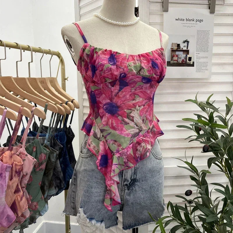 2024 New Girls Sweet Ruffles Mesh Camisole Top Lady Camis Sleeveless Printed Floral T shirts Stretch Slim Tanks For Slim Women