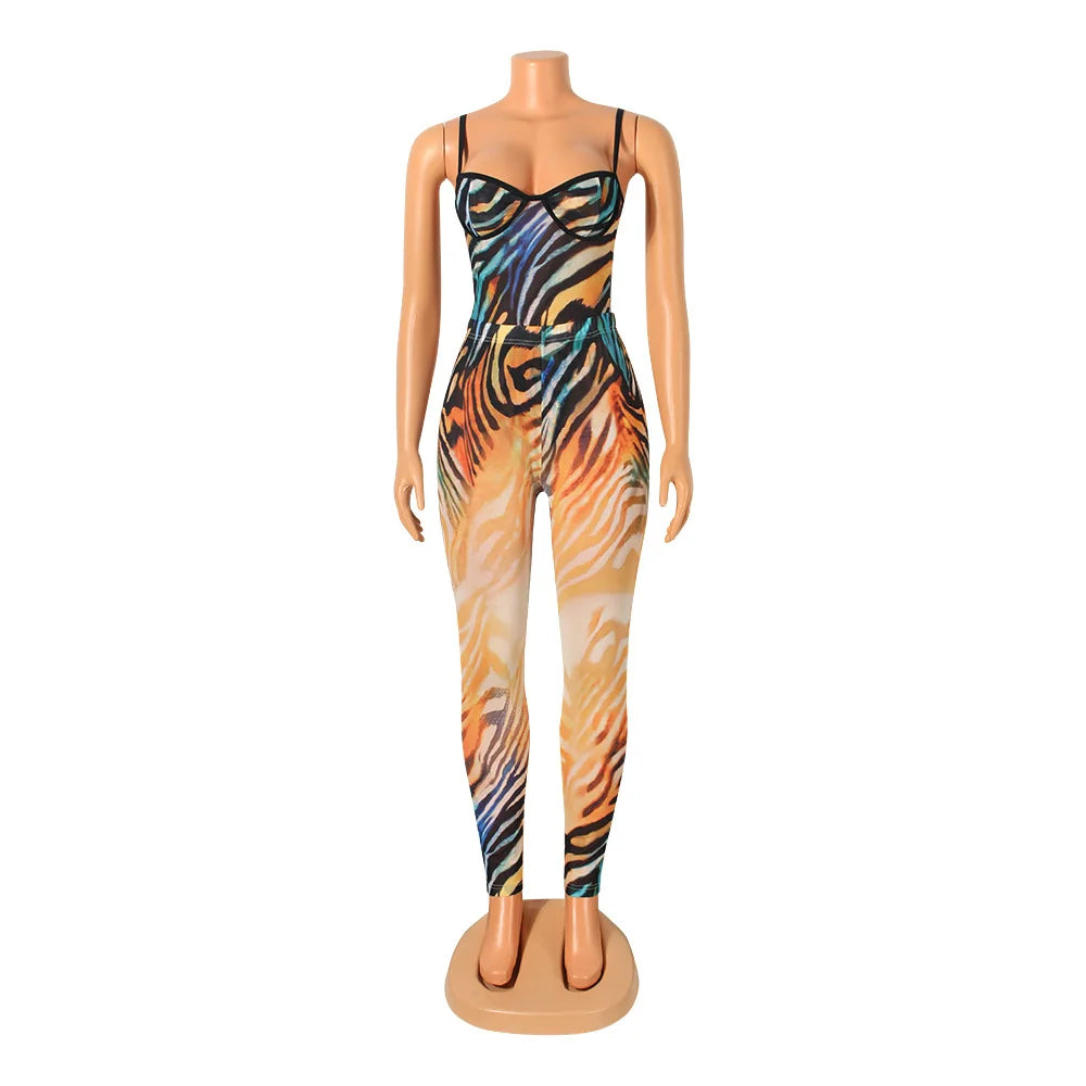 Echoine Striped Print Colorful Sheer Mesh Strap Bodysuit Pants Set Two Piece Set Women Sexy Skinny Party Outfits Matching Set