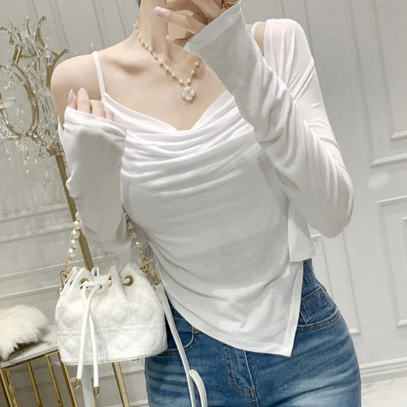 Korea New WOMENGAGA Slim Sexy Body Elegant Pleated Strap+Thin Cardigan Two Piece Shirt Top Sweet Fashion Women Blouse 8R62