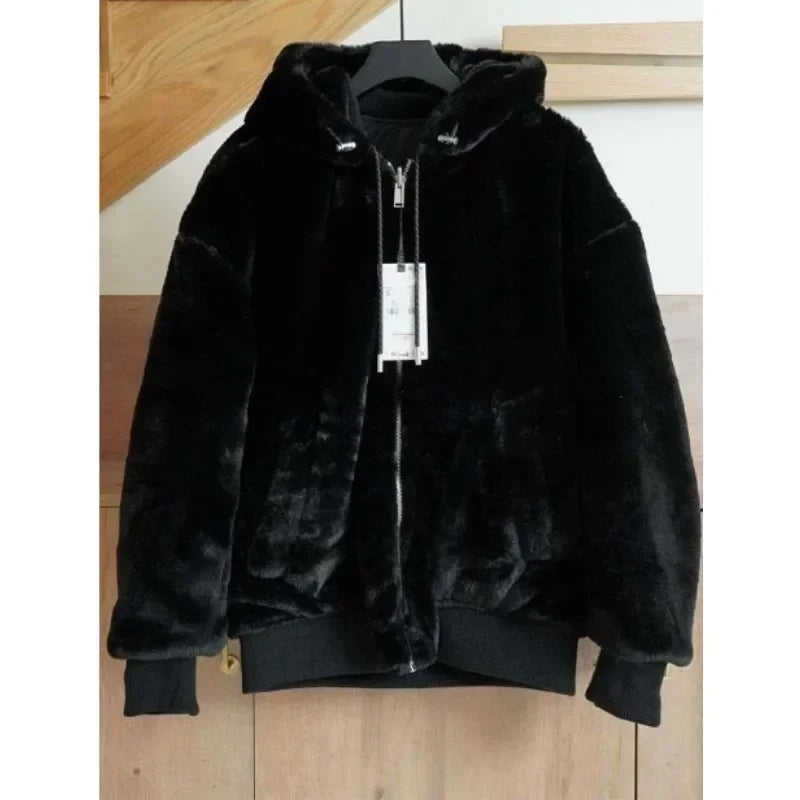 Winter men's reversible multi-pocket bomber jacket High quality solid color faux fur hooded jacket size 2XL