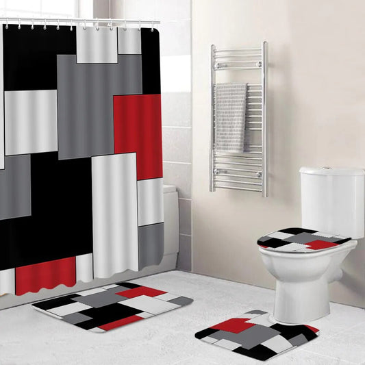 Modern Bathroom Shower Curtain Waterproof Home 3D Carpet Entrance Doormat 4Pcs Set Toilet Seat Cover Rug Bath Non-Slip Floor Mat