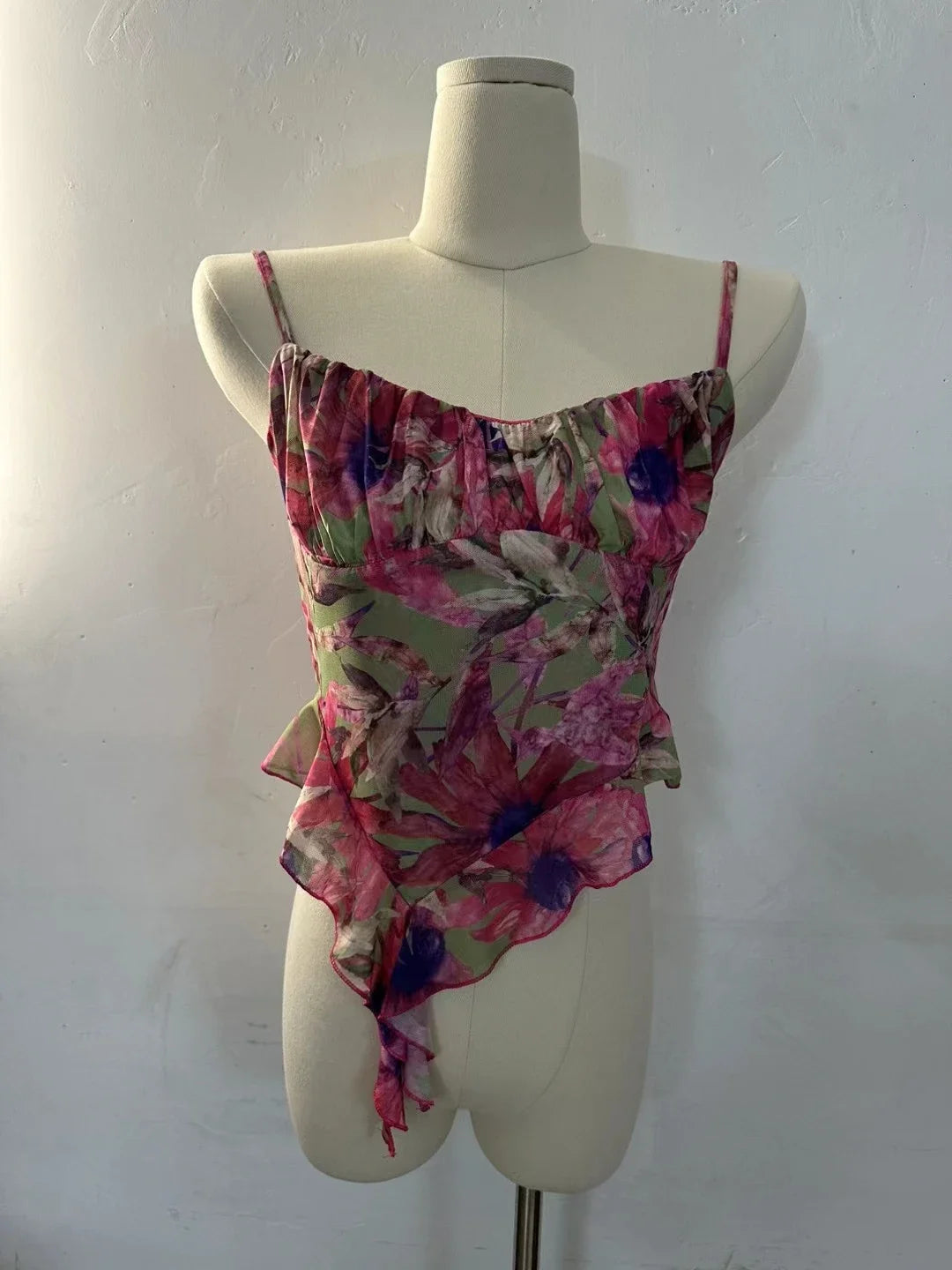 2024 New Girls Sweet Ruffles Mesh Camisole Top Lady Camis Sleeveless Printed Floral T shirts Stretch Slim Tanks For Slim Women