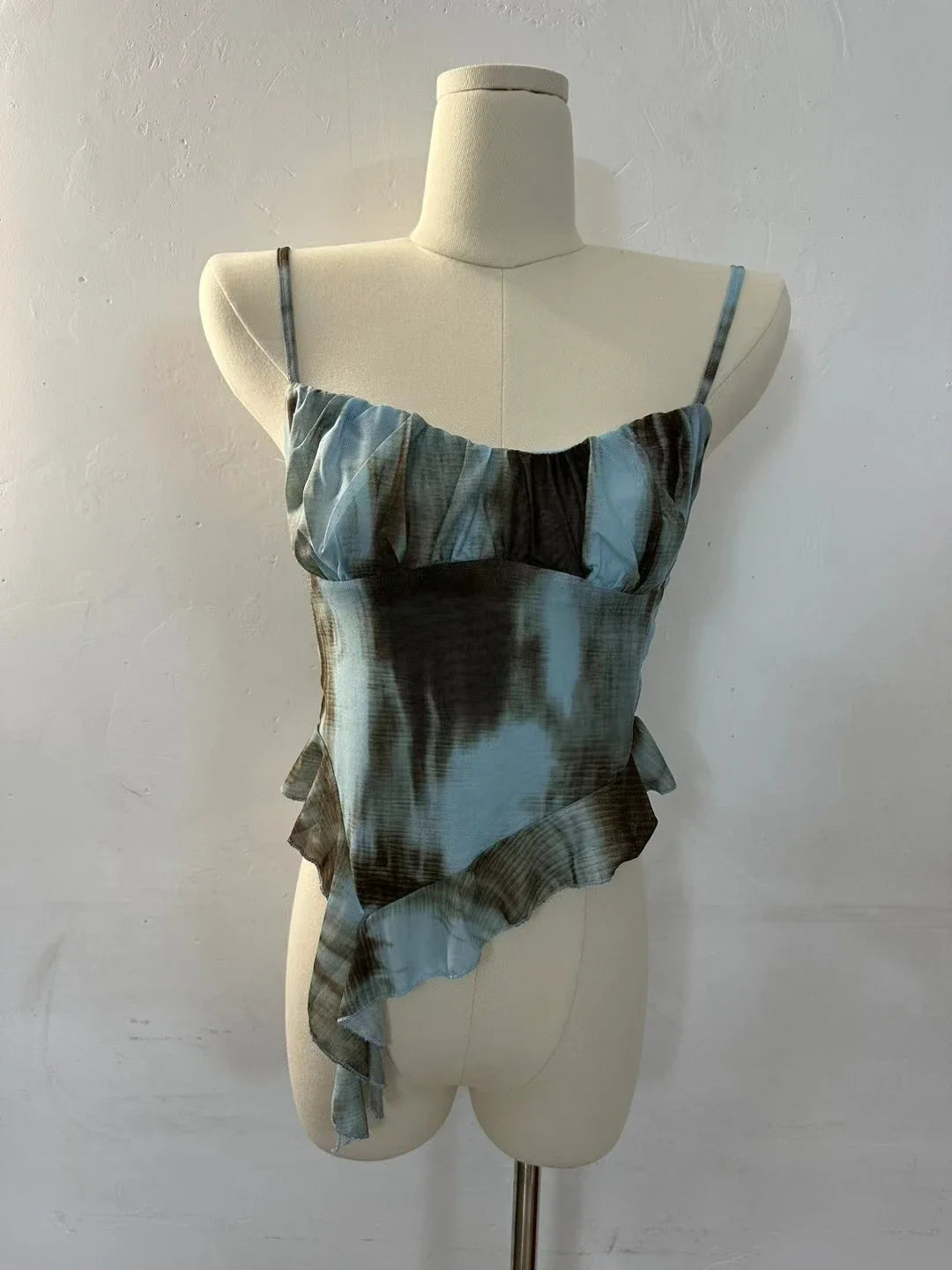 2024 New Girls Sweet Ruffles Mesh Camisole Top Lady Camis Sleeveless Printed Floral T shirts Stretch Slim Tanks For Slim Women