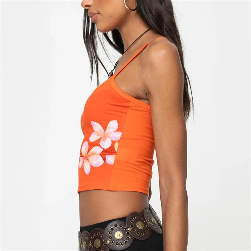Orange Y2k Floral Cami Tank Top Women Sexy Spaghetti Strap Flower Crop Top Slim Fit Scoop Neck Going Out Vest Streetwear