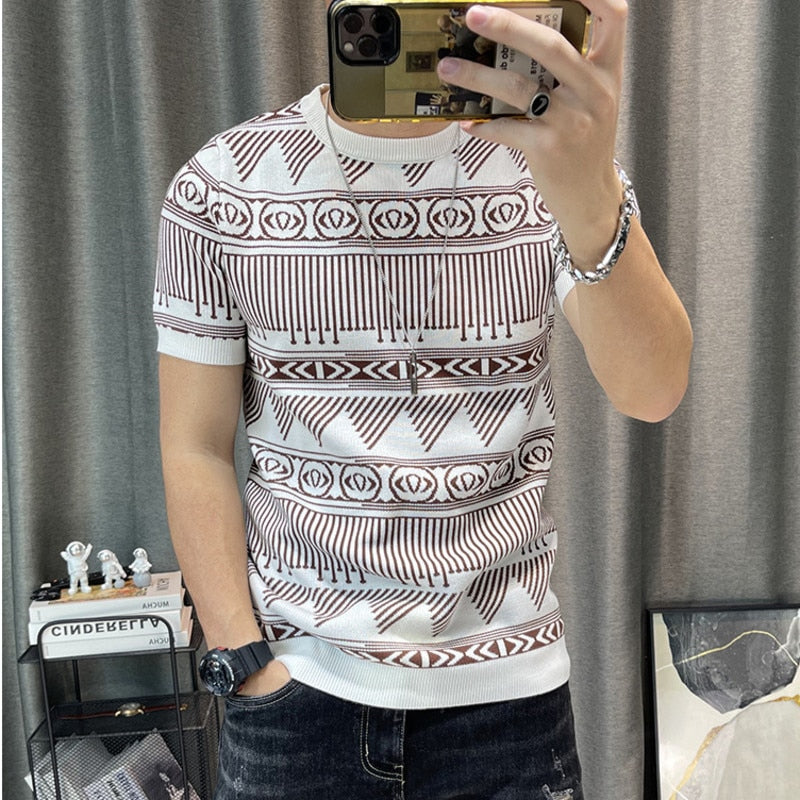 3 Color Short Sleeve Knitting T-Shirt Men Slim Streetwear Color Contrast T Shirt Men Tee Shirt Homme Social Club Outfits Tshirt