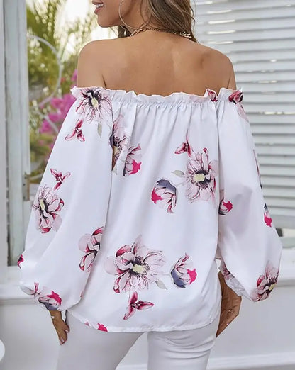 Camiseta de Mujer con Estampado Floral y Hombros Descubiertos, Dobladillo con Volantes, Informal, Elegante, Manga Linterna, Detalle Anudado, Diario, Verano