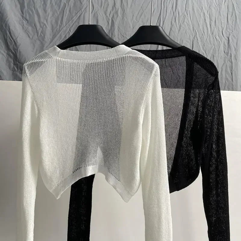 Sunscreen Cardigan Thin Women Knitted Jacket Perspective Long Sleeve Top Overlay Simple Casual Basic Slim Korean Fashion Summer