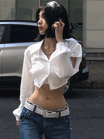 White Blouse Hollow Out Crop Top Y2K Clothes Long Sleeve Top Autumn Spring Solid Turn Down Collar Streetwear Button Up Shirt