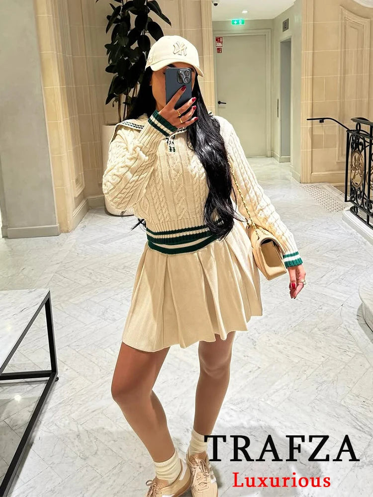 TRAFZA Casual Chic Striped Women Suit Polo-Neck Button Straight Sweater Mini Slim Skirt Fashion 2025 Spring Summer Knitted Suit