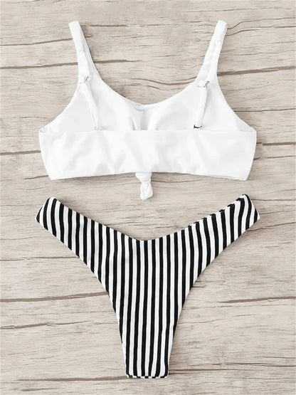 Sexy Micro Bikini 2022 Women Swimsuit Scoop Neck Striped Swimwear Knot Bow Fringe Summer Beachwear Bathing Suit Push Up Biquini