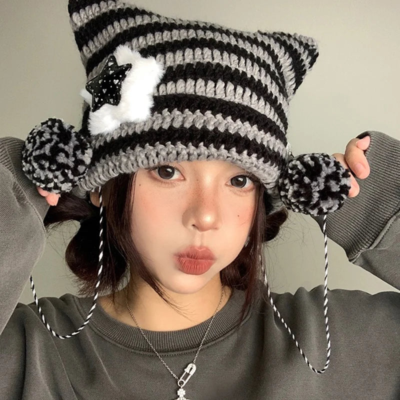 Gorros con orejas de gato japoneses Y2k hechos a mano, gorro de punto con pompón de pelo de estrella a rayas para chica, gorros cálidos para otoño e invierno