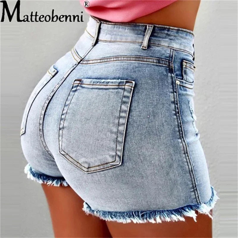 2025 Women High Waist Denim Shorts Ripped Hole Bodycon Short Feminino Jean Shorts With Tassel Summer Casual Streetwear