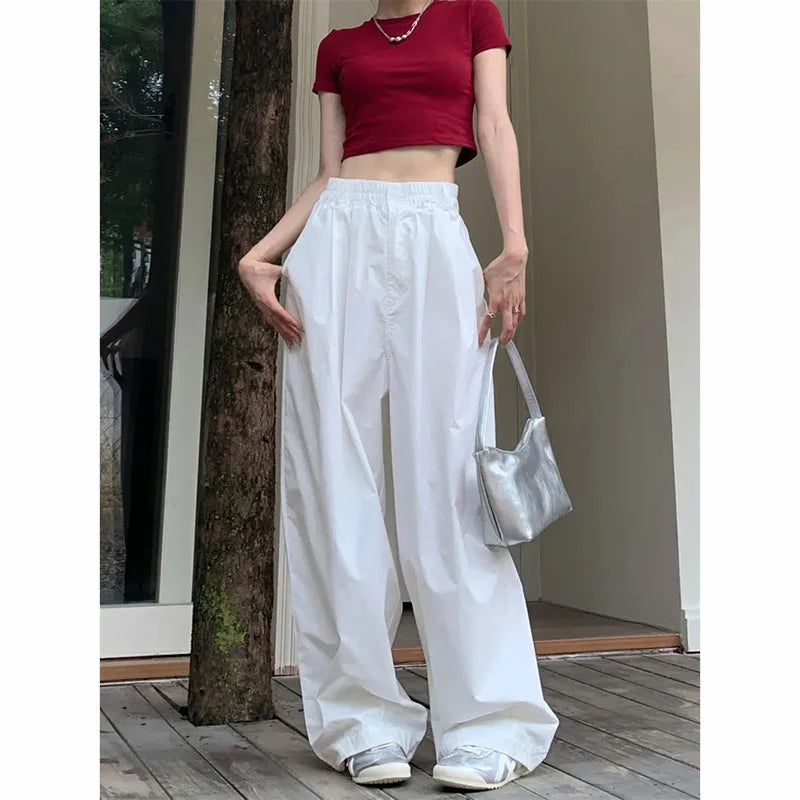 Zoki Y2K-pantalones de pierna ancha para mujer, pantalón blanco de Hip Hop, de cintura alta, de talla grande coreano, Cargo, holgado, elegante, combina con todo, color blanco, otoño