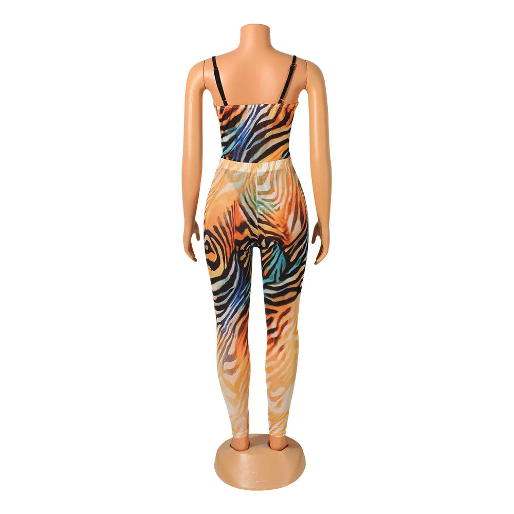 Echoine Striped Print Colorful Sheer Mesh Strap Bodysuit Pants Set Two Piece Set Women Sexy Skinny Party Outfits Matching Set