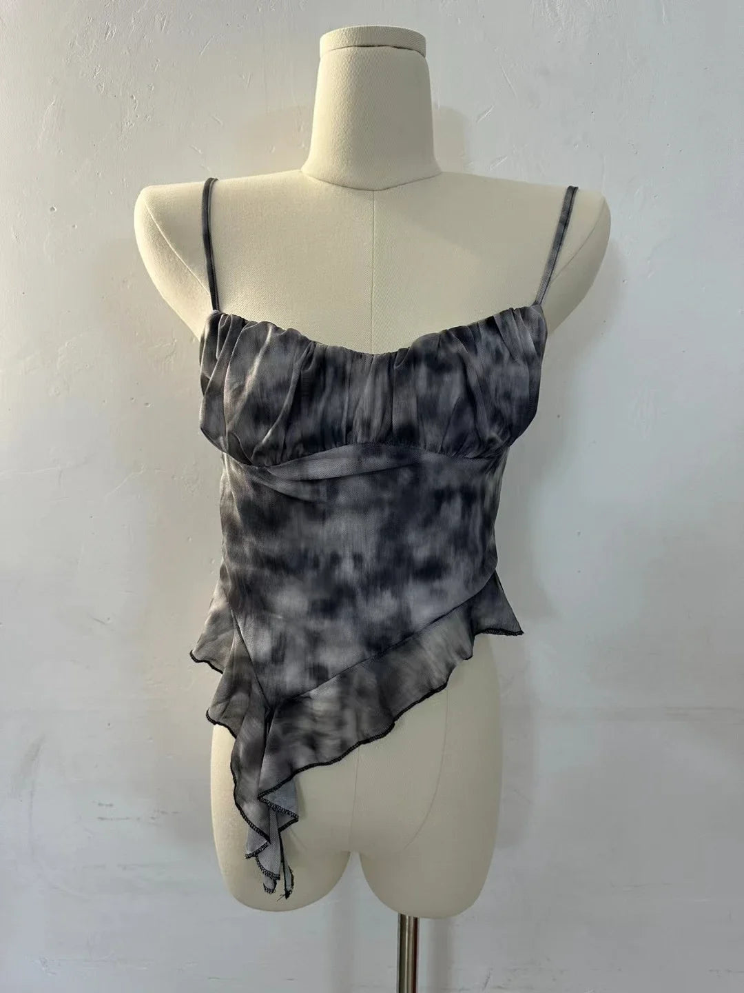 2024 New Girls Sweet Ruffles Mesh Camisole Top Lady Camis Sleeveless Printed Floral T shirts Stretch Slim Tanks For Slim Women