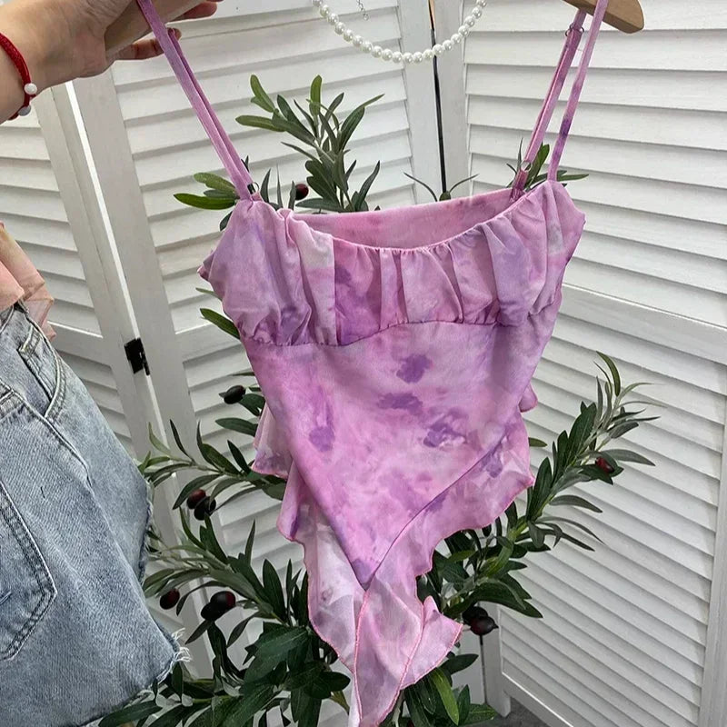 2024 New Girls Sweet Ruffles Mesh Camisole Top Lady Camis Sleeveless Printed Floral T shirts Stretch Slim Tanks For Slim Women