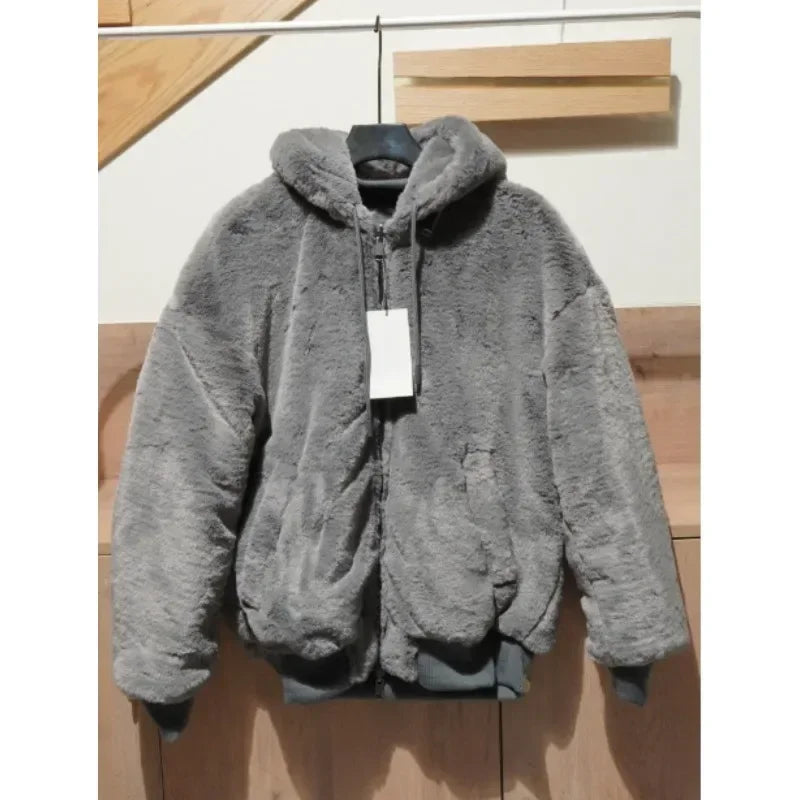 Winter men's reversible multi-pocket bomber jacket High quality solid color faux fur hooded jacket size 2XL