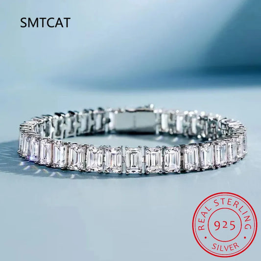 100% 925 Sterling Silver 4*6mm Emerald Cut High Carbon Diamond Bracelets For Women Engagement Wedding Party Fine Jewelry