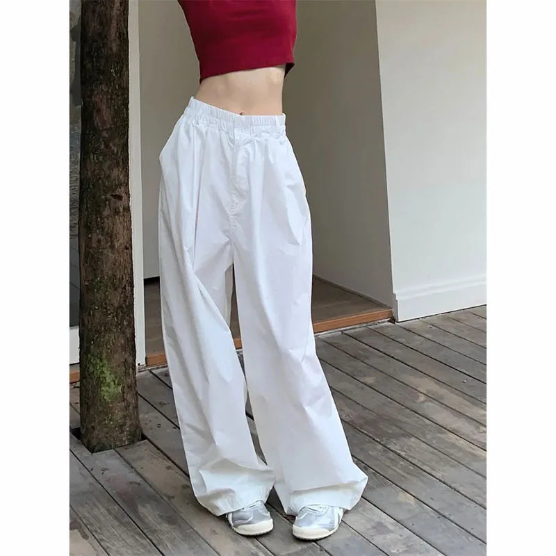 Zoki Y2K-pantalones de pierna ancha para mujer, pantalón blanco de Hip Hop, de cintura alta, de talla grande coreano, Cargo, holgado, elegante, combina con todo, color blanco, otoño