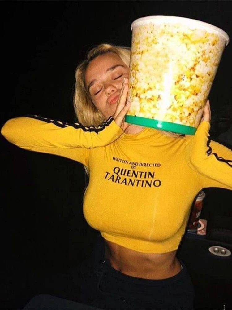 Tops cortos sexys de Quentin Tarantino para mujer, camiseta corta de punto de algodón con cuello alto y manga larga a rayas laterales, moda 2023