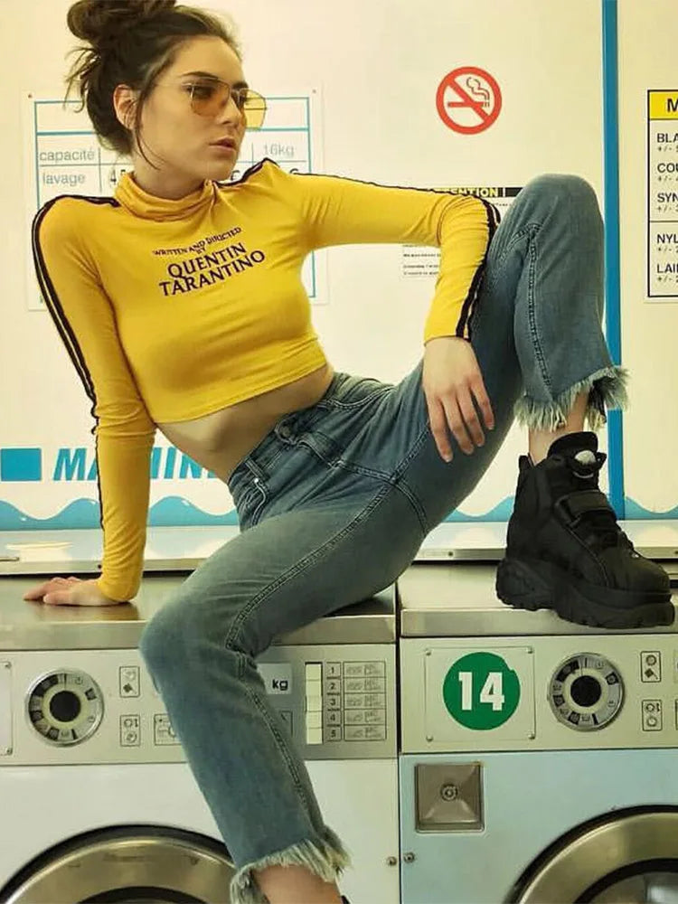 Tops cortos sexys de Quentin Tarantino para mujer, camiseta corta de punto de algodón con cuello alto y manga larga a rayas laterales, moda 2023