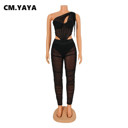 CM.YAYA Mesh See Though Women's Set One Shoulder Sleeveless Crop Top and Stacked Pants Suit 2023 Two 2Piece Set Outfit Tracksuit