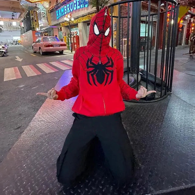 Gothic Spider Print Hooded Cardigan Full Zip Loose Hoodie Top Women Men Clothing Y2K Vintage Punk Hoodie Kpop Jacket 90s