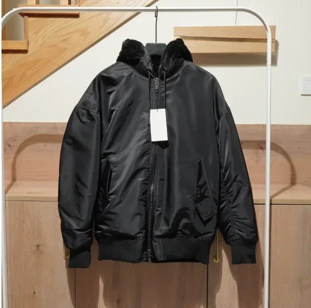 Winter men's reversible multi-pocket bomber jacket High quality solid color faux fur hooded jacket size 2XL