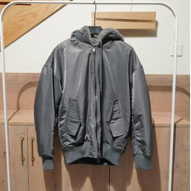 Winter men's reversible multi-pocket bomber jacket High quality solid color faux fur hooded jacket size 2XL