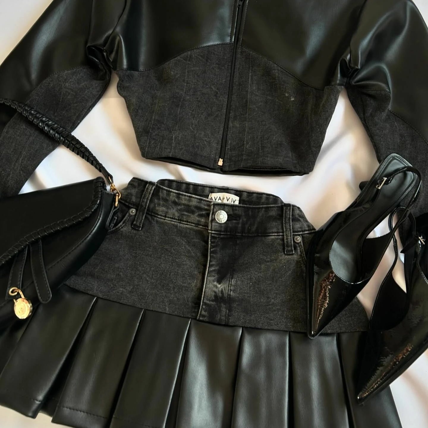 Y2K Leather Spliced Denim Black Two Piece Set Women Harajuku Gothic Long Sleeve Zipper Jacket Mini Pleated Skirt Autumn Jacket