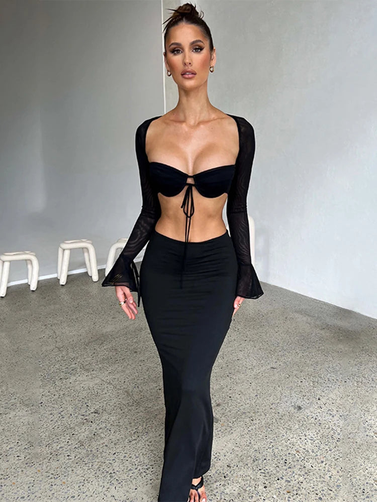 Cryptographic Mesh Sheer Ruched Sexy Two Piece Sets Elegant Outfits for Women Club Party Flare Sleeve Tie Front Top Dress Sets