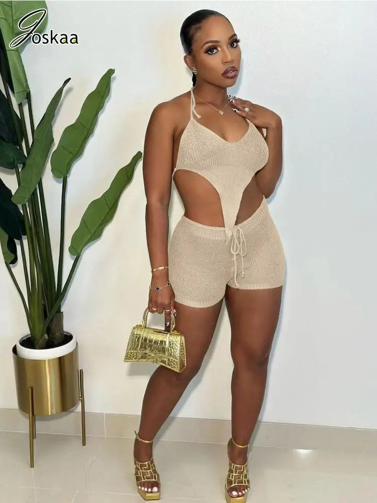 Joskaa Knitted Beach Style 2 Piece Set Women Sexy Halter Backless Irregular Top and Drawstring Shorts Match 2023 Vacation Outfit