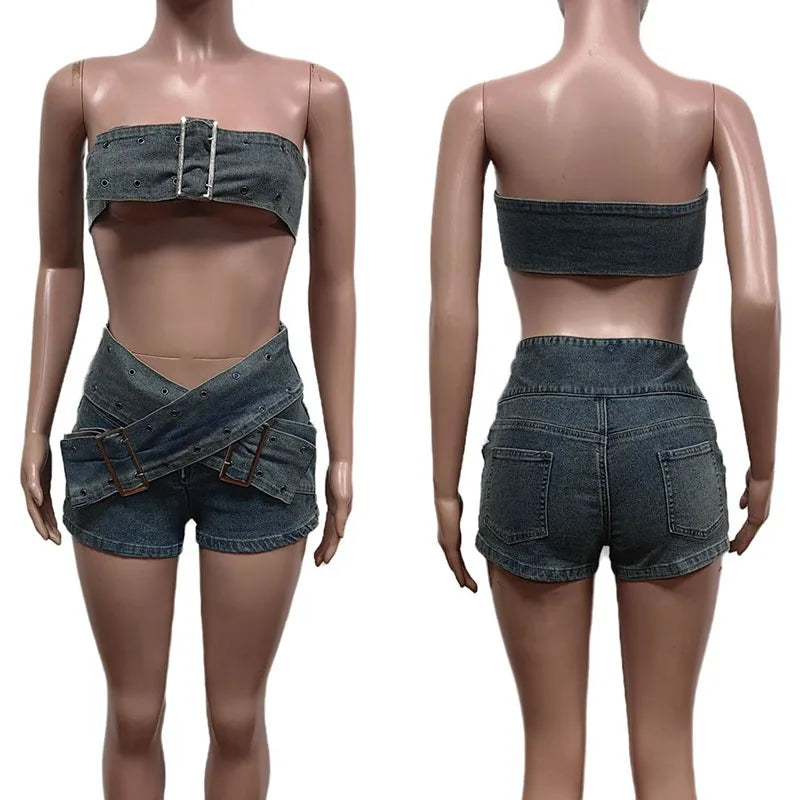 Streetwear Denim Short Sets Womens 2 Piece Outfit Birthday Button Strapless Crop Top and Shorts Y2K Festival Conjuntos Cortos